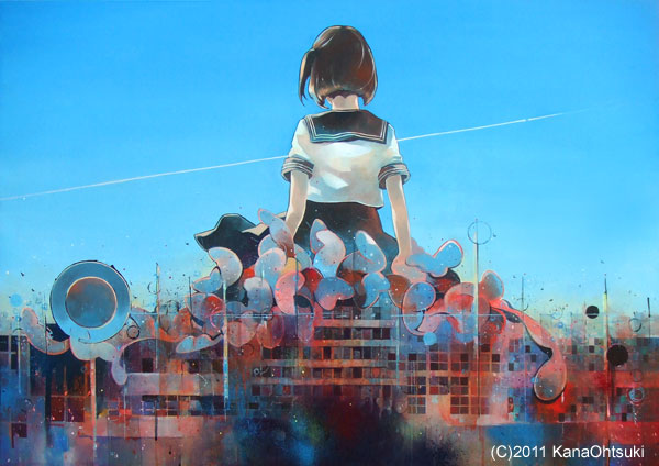 acrylic_paint_(medium), dated, from_behind, ootsuki_kana, original, school_uniform, serafuku, sky