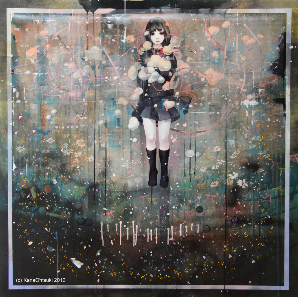 acrylic_paint_(medium), black_hair, dated, flower, ootsuki_kana, original, pleated_skirt, skirt