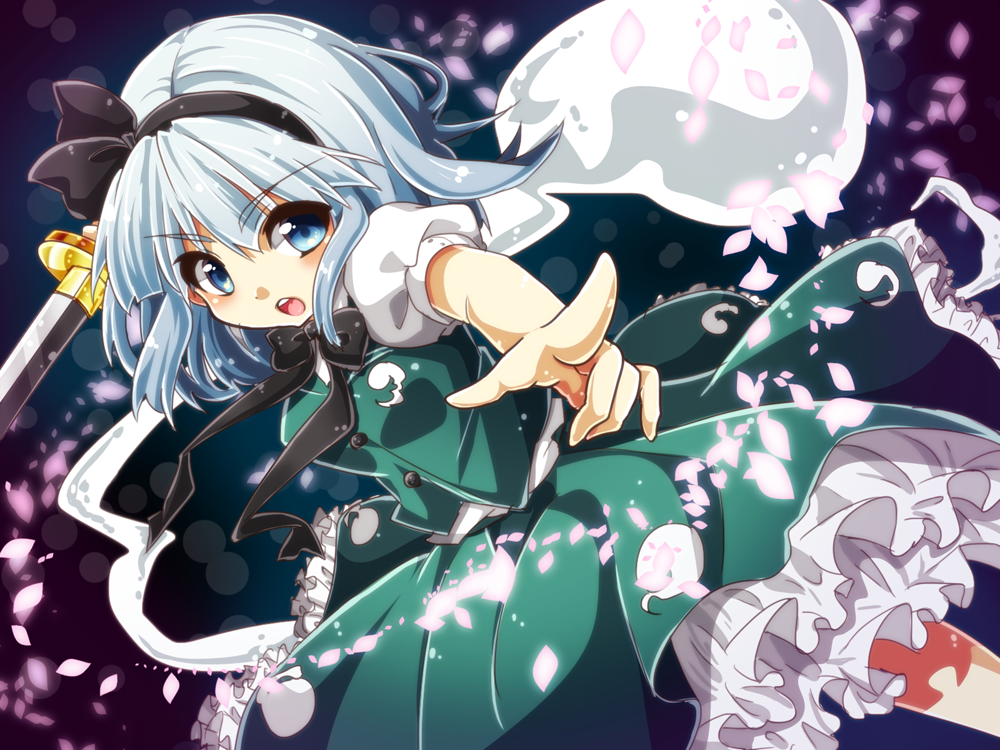 blue_eyes, frills, hairband, hinoko, konpaku_youmu, konpaku_youmu_(ghost), open_mouth, petals
