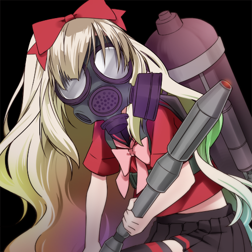blonde_hair, bow, flamethrower, gas_mask, gas_tank, hair_bow, itto_na_kataomoi_minoraseta_chiisa_na_shiawase_(vocaloid), lowres