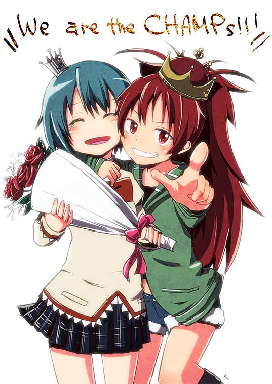 :d, ^_^, arm_around_neck, blue_hair, blush, bouquet, closed_eyes, crown