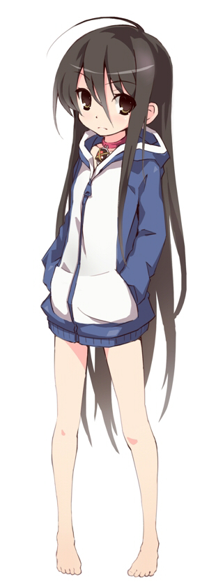 ahoge, barefoot, black_hair, blush, brown_eyes, collar, feet, hands_in_pockets