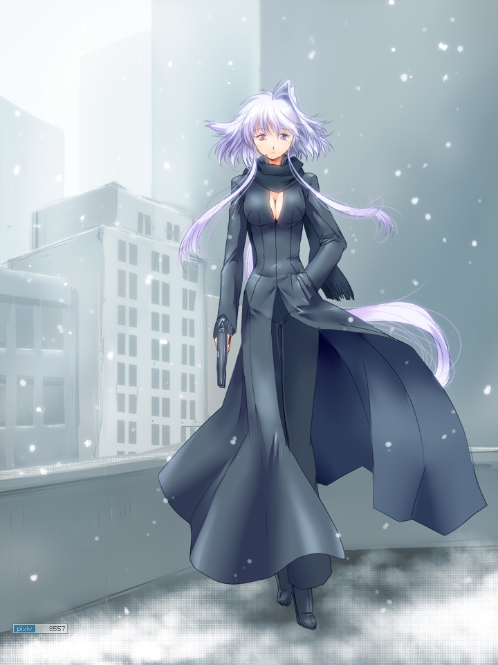 breasts, building, cleavage, coat, gun, handgun, heterochromia, lavolpe_(yagisaka_seto)