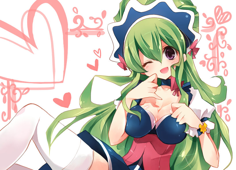 breasts, choker, cleavage, green_hair, headdress, heart, ixion_saga, long_hair