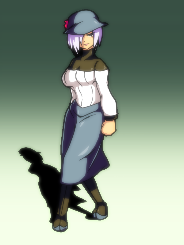 breasts, hair_over_one_eye, hanzo_(yatagarasu), hat, namelessl, purple_hair, short_hair, skirt