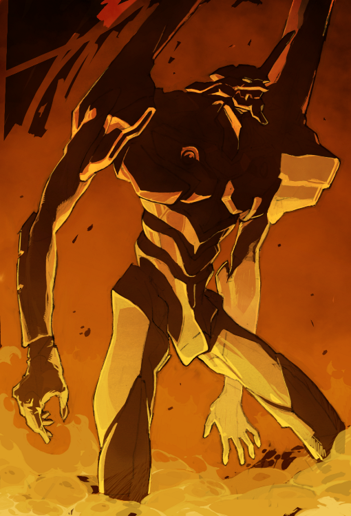 eva_01, mecha, neon_genesis_evangelion, no_humans, soty, under_lighting