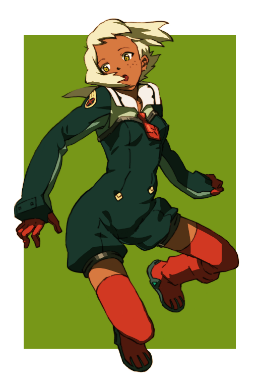 dark_skin, freckles, lal'c_mellk_mal, lal'c_mellk_mal, short_hair, solo, soty, thigh-highs, thighhighs, top_wo_nerae_2!, white_hair, yellow_eyes