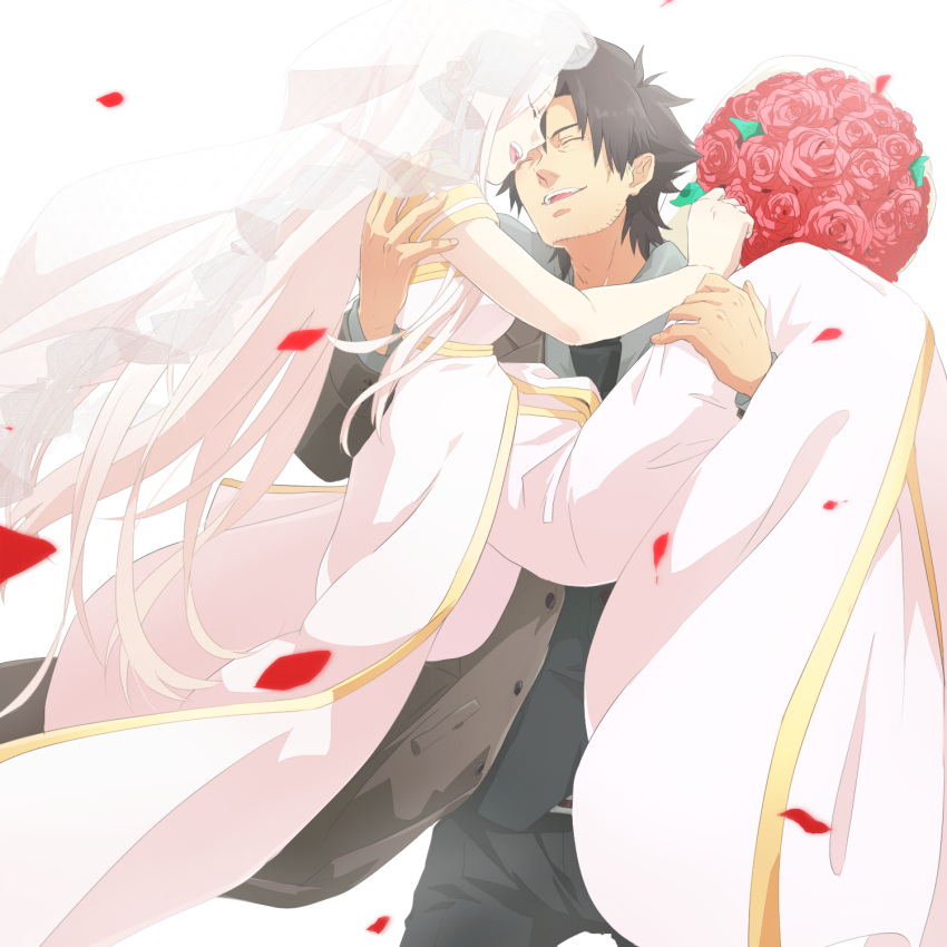 1girl, ^_^, black_hair, bouquet, bridal_carry, bridal_veil, bride, carrying, closed_eyes, dress, elbow_gloves, emiya_kiritsugu, eyes_closed, facial_hair, fate/zero, fate_(series), flower, gloves, highres, husband_and_wife, irisviel_von_einzbern, long_hair, princess_carry, red_rose, rose, ruchi, stubble, veil
