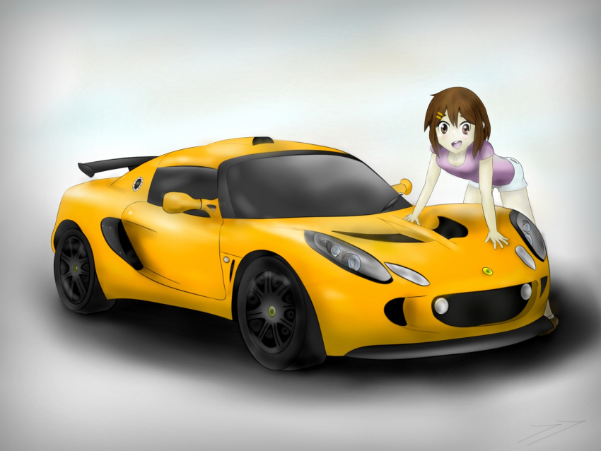 1girl, blush, breasts, brown_eyes, brown_hair, car, cleavage, endlessgr8, hair_ornament, hirasawa_yui, k-on!, leaning_forward, lotus_(brand), lotus_exige, motor_vehicle, short_hair, shorts, socks, spread_legs, standing, vehicle