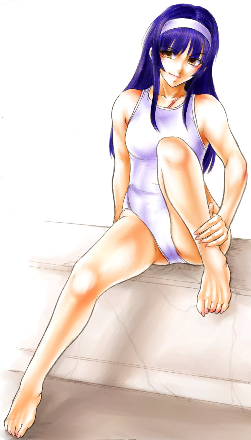 barefoot, blue_hair, brown_eyes, cynthia_the_mission, feet, fukushima_nyuugyou_inc, hairband, highres