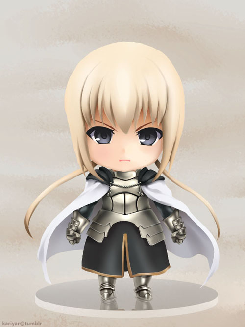 armor, artist_name, bedivere, black_eyes, blonde_hair, cape, chibi, doll
