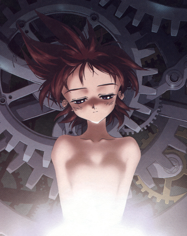 90s, brown_hair, collarbone, gears, key_the_metal_idol, mima_tokiko, official_art, scan, short_hair, smile, solo, topless