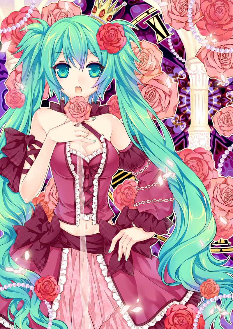 1girl, :o, aqua_eyes, aqua_hair, chain, chains, cleavage, corset