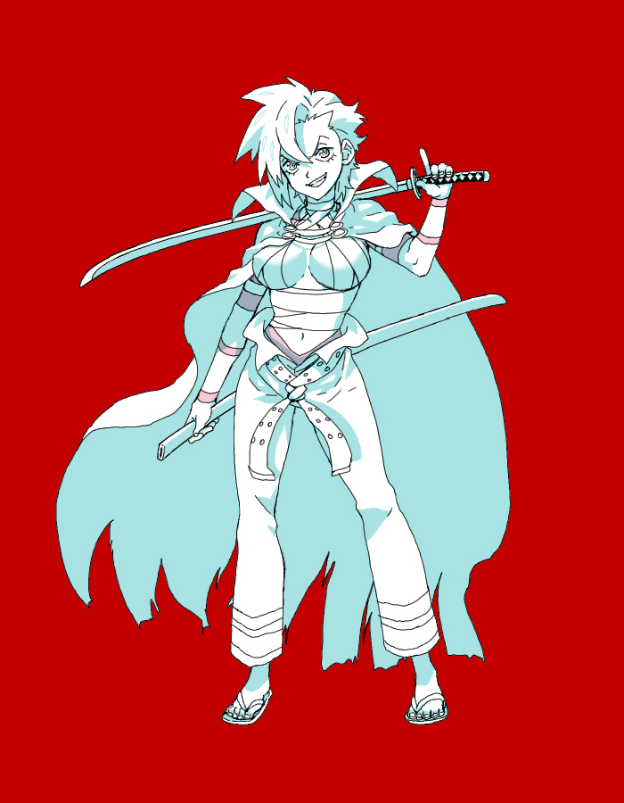 bandage, breasts, cape, genderswap, kamina, katana, matsukaze_yukiji, midriff