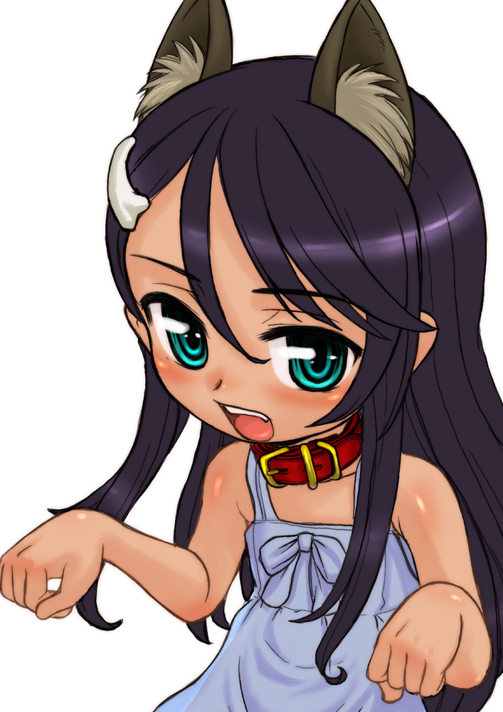 animal_ears, bare_shoulders, blue_hair, blush, child, collar, copyright_request, dress, hair_ornament, long_hair, looking_at_viewer, naoki_(shibu_asa_ryo), open_mouth, paw_pose, solo