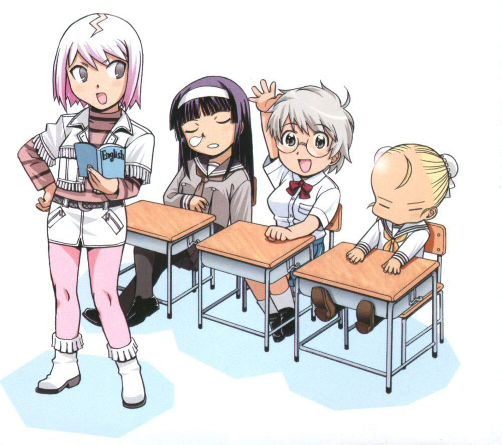 ahoge, black_hair, black_legwear, blonde_hair, book, breasts, bun_cover, chibi