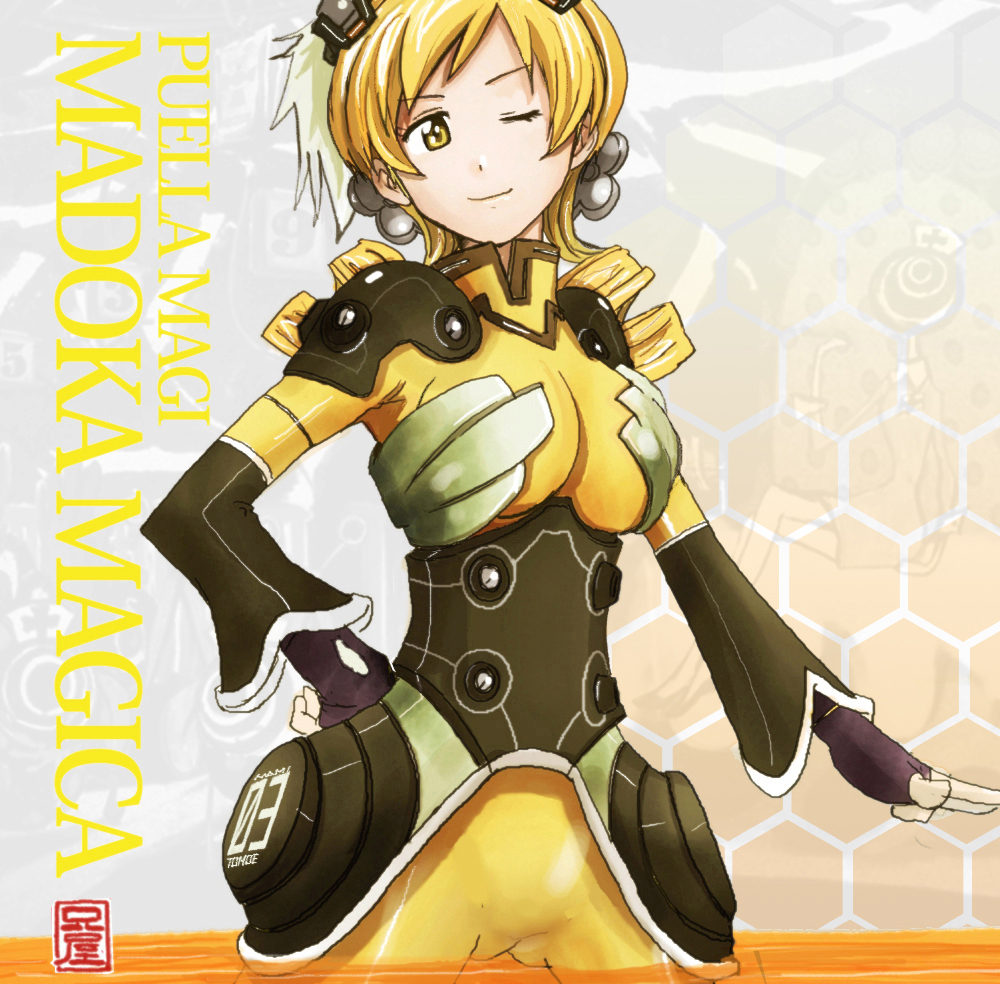 adapted_costume, ani_(aniya), blonde_hair, drill_hair, fingerless_gloves, gloves, hand_on_hip, magical_girl, mahou_shoujo_madoka_magica, neon_genesis_evangelion, parody, plugsuit, solo, tomoe_mami, twin_drills, wink, yellow_eyes