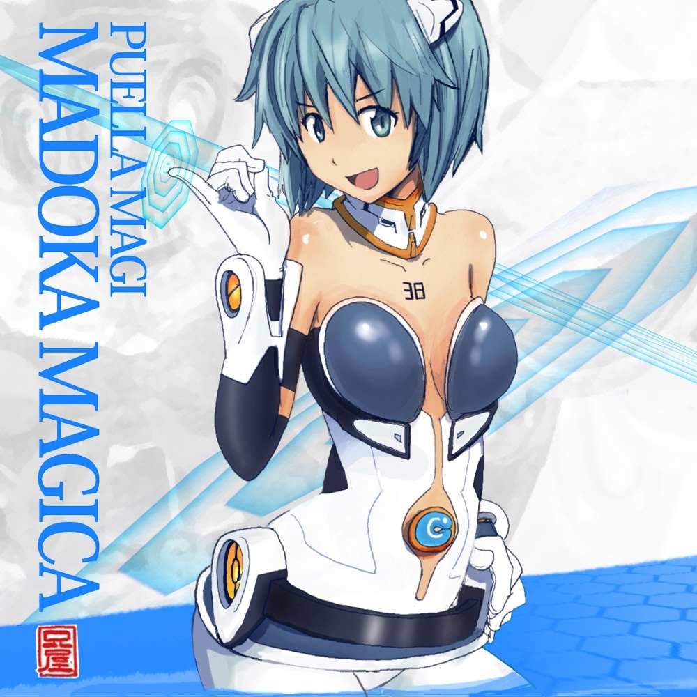 :d, adapted_costume, ani_(aniya), at_field, bare_shoulders, blue_eyes, blue_hair, collarbone, gloves, hand_on_hip, magical_girl, mahou_shoujo_madoka_magica, miki_sayaka, neon_genesis_evangelion, open_mouth, parody, plugsuit, short_hair, smile, solo, soul_gem