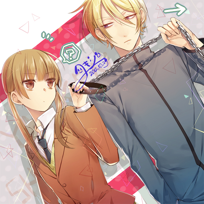 1girl, ?, blonde_hair, blue_eyes, brown_eyes, brown_hair, chain, chains
