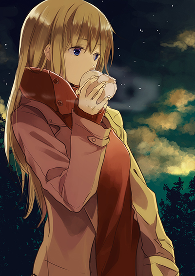 blue_eyes, brown_hair, coat, eating, food, hand_in_pocket, long_hair, mmk0305
