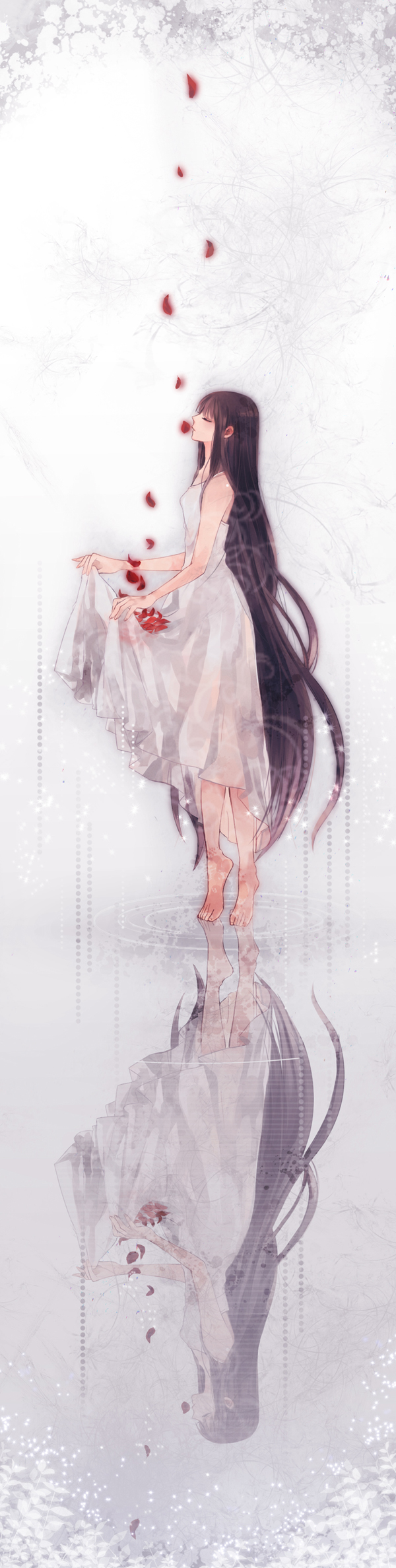 barefoot, black_hair, closed_eyes, dress, eyes_closed, highres, long_hair, long_image