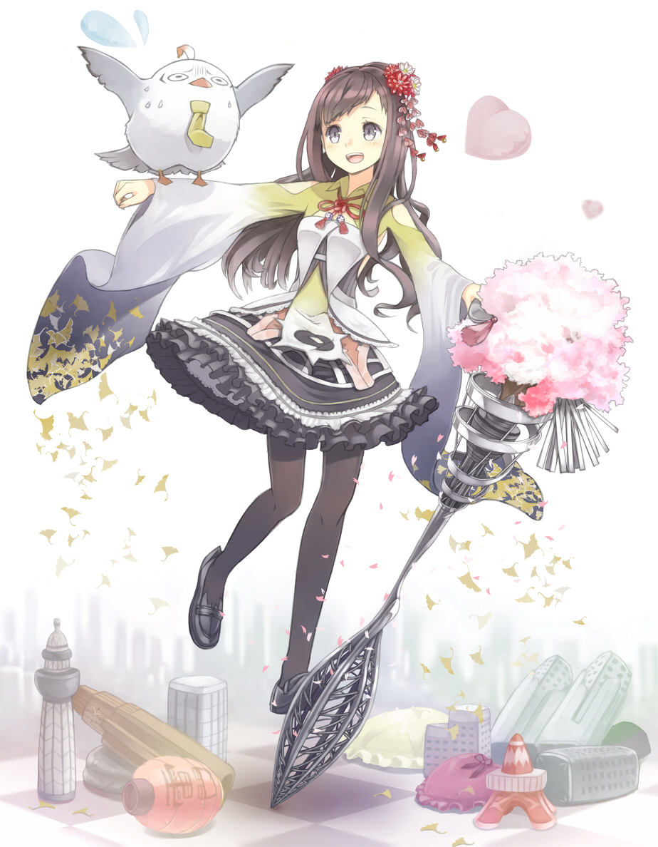 :d, bird, bird_on_arm, black_hair, black_legwear, blue_eyes, floating, flower
