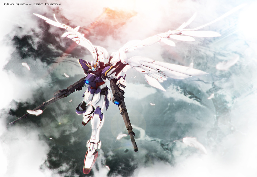 beam_rifle, cloud, clouds, feathers, flying, glowing, gun, gundam