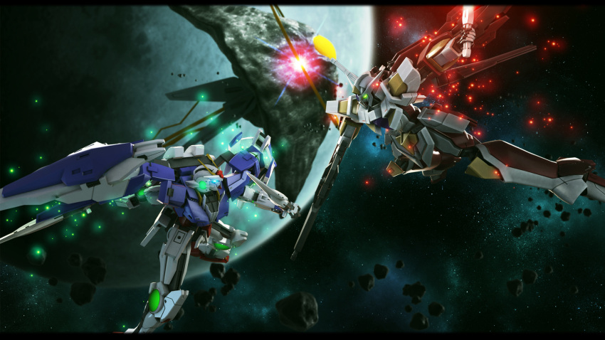 3d, asteroid, battle, beam_rifle, blue_eyes, energy_sword, glowing, glowing_eyes