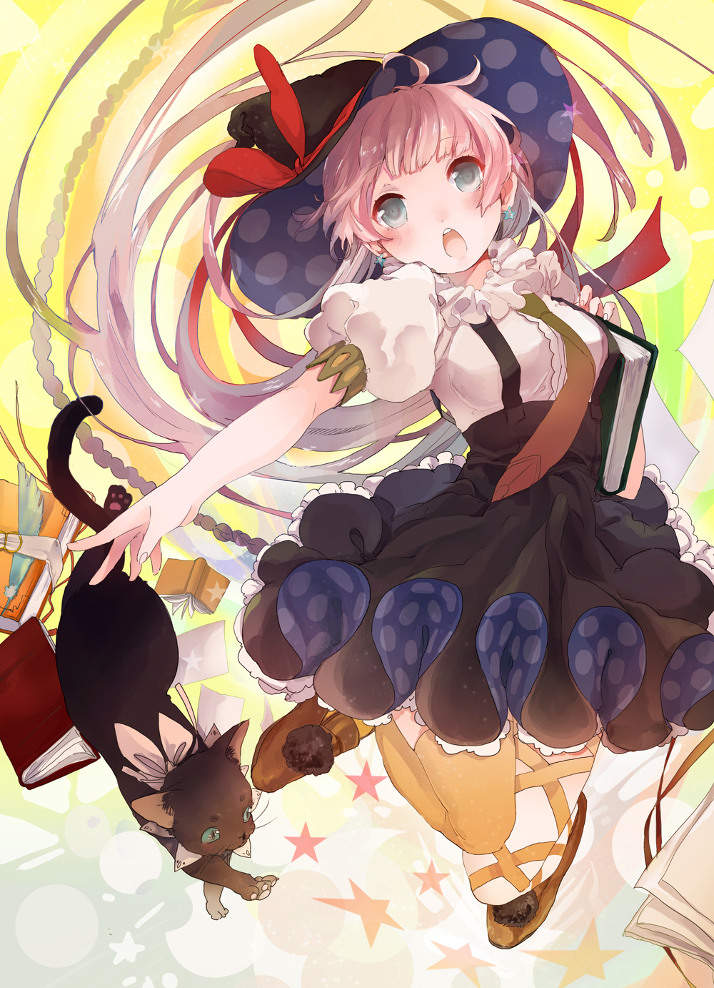 black_cat, blush, book, brown_hair, cat, dress, fly_333, grey_eyes