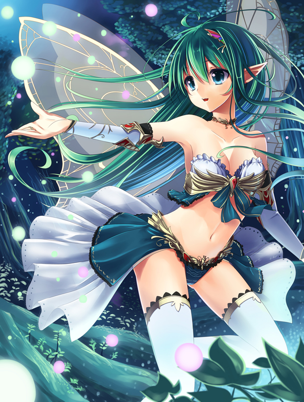 :d, ahoge, blue_eyes, blue_hair, blush, breasts, collarbone, detached_sleeves