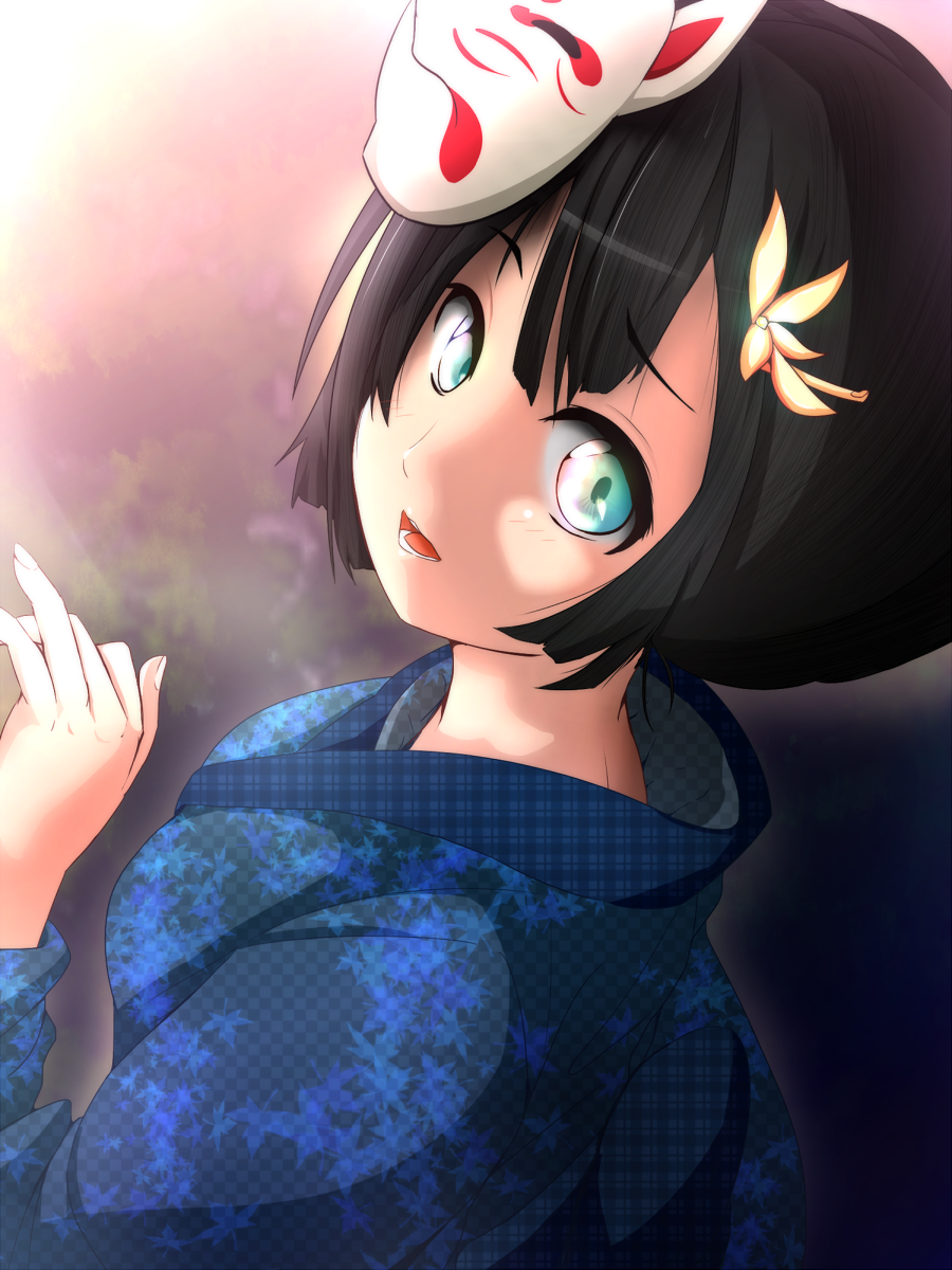 black_hair, highres, japanese_clothes, kimono, looking_at_viewer, mask, open_mouth, original