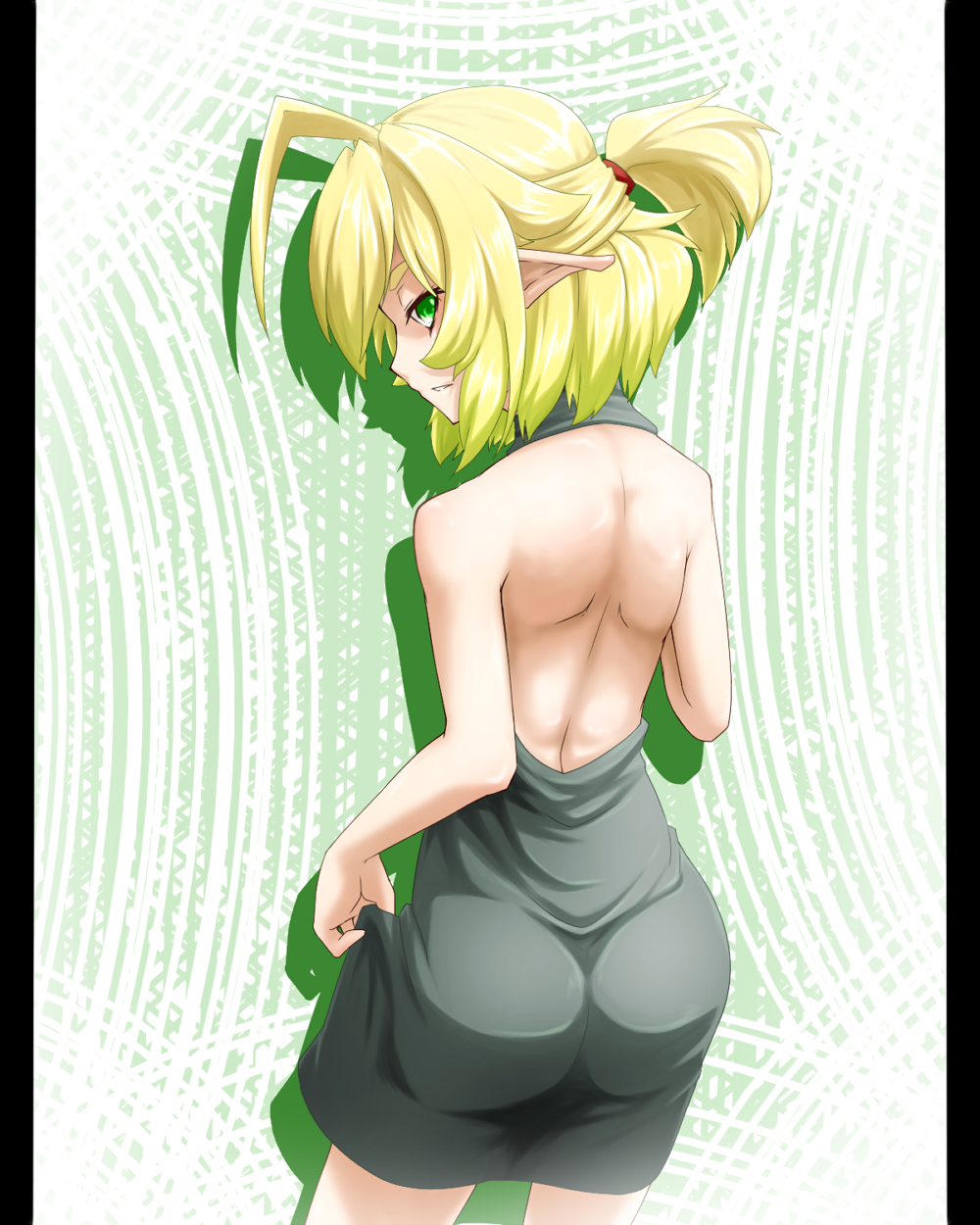 ahoge, ass, back, blonde_hair, dress, green_eyes, highres, looking_back