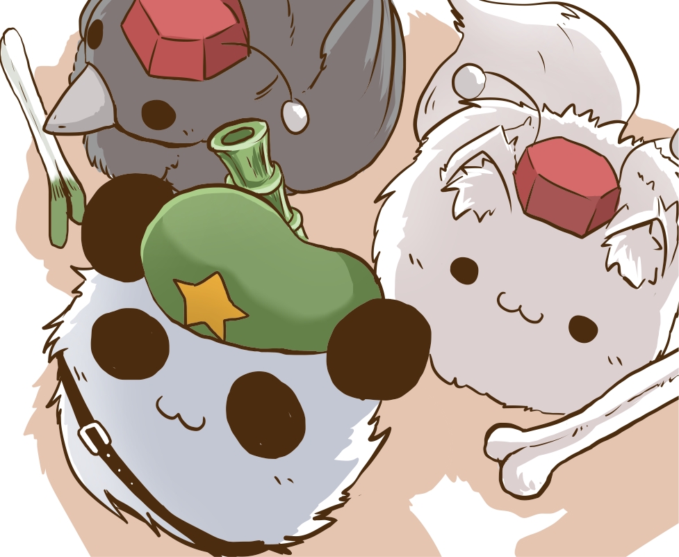 animal_ears, bamboo, bone, dyson_(edaokunnsaikouya), hat, hat_ribbon, hong_meiling, hong_meiling_(panda), inubashiri_momiji, inubashiri_momiji_(wolf), mofuji, ribbon, shameimaru_aya, shameimaru_aya_(crow), solid_circle_eyes, spring_onion, star, tokin_hat, touhou, wolf_ears