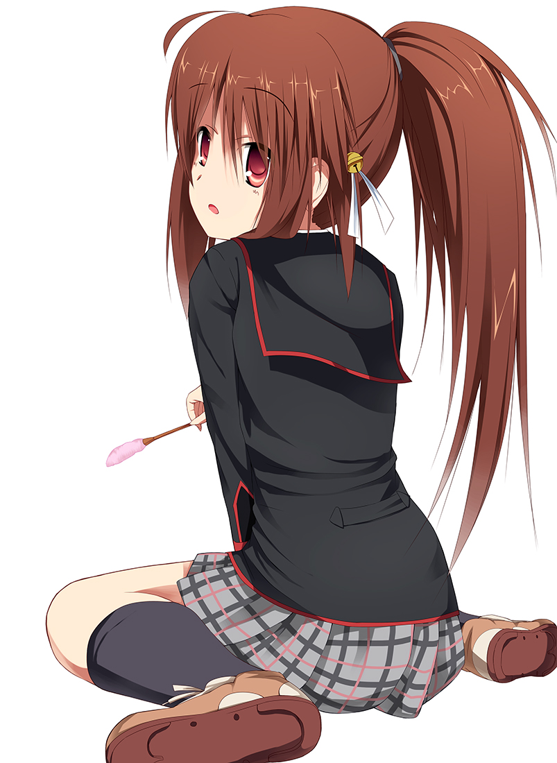 brown_hair, cat_teaser, from_behind, little_busters!!, long_hair, looking_back, natsume_rin, plaid, plaid_skirt, ponytail, red_eyes, school_uniform, sitting, skirt, solo, toguro_(ojui0101), wariza