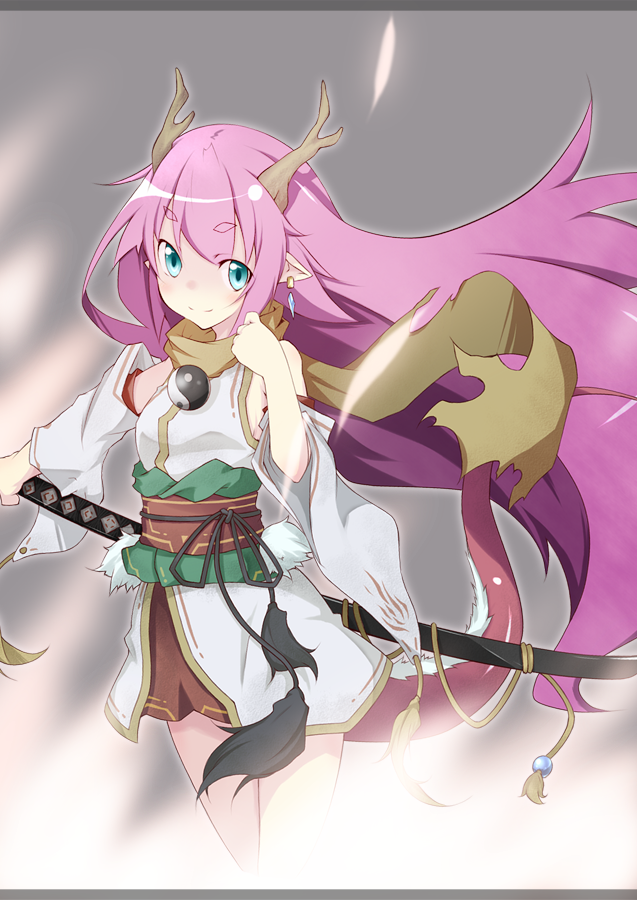 blue_eyes, blush, detached_sleeves, dragon, dragon_girl, earrings, horns, japanese_clothes