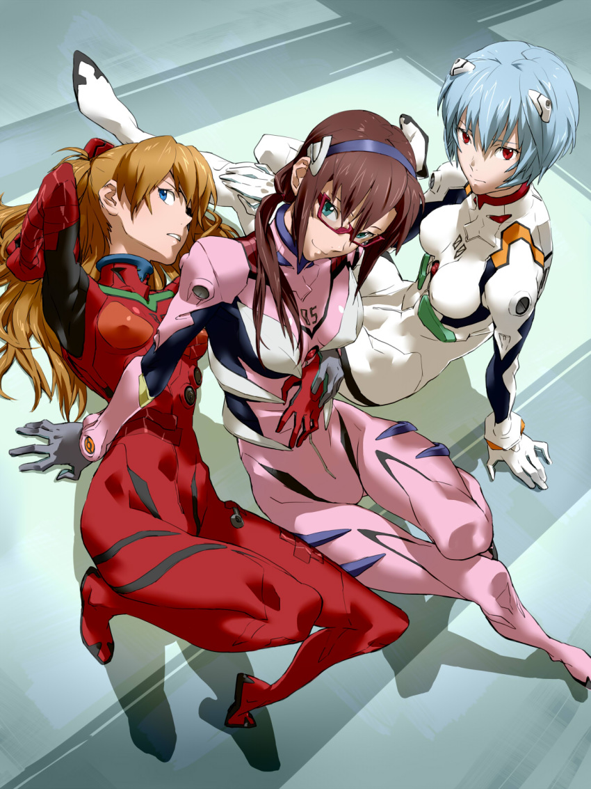 arm_support, ayanami_rei, baariya, blue_eyes, blue_hair, breasts, brown_hair, eyepatch, glasses, green_eyes, hair_ornament, hairband, hand_on_stomach, highres, long_hair, looking_at_viewer, makinami_mari_illustrious, multiple_girls, neon_genesis_evangelion, orange_hair, plugsuit, rebuild_of_evangelion, red_eyes, shikinami_asuka_langley, short_hair, smile, soryu_asuka_langley, souryuu_asuka_langley