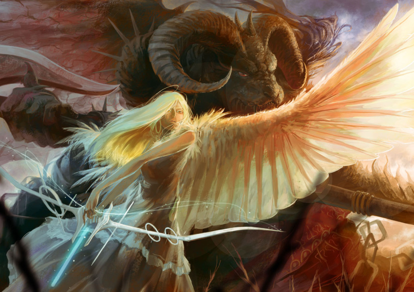 angel, blonde_hair, bow, horn, long_hair, monster, nurikabe_(mictlan-tecuhtli), original