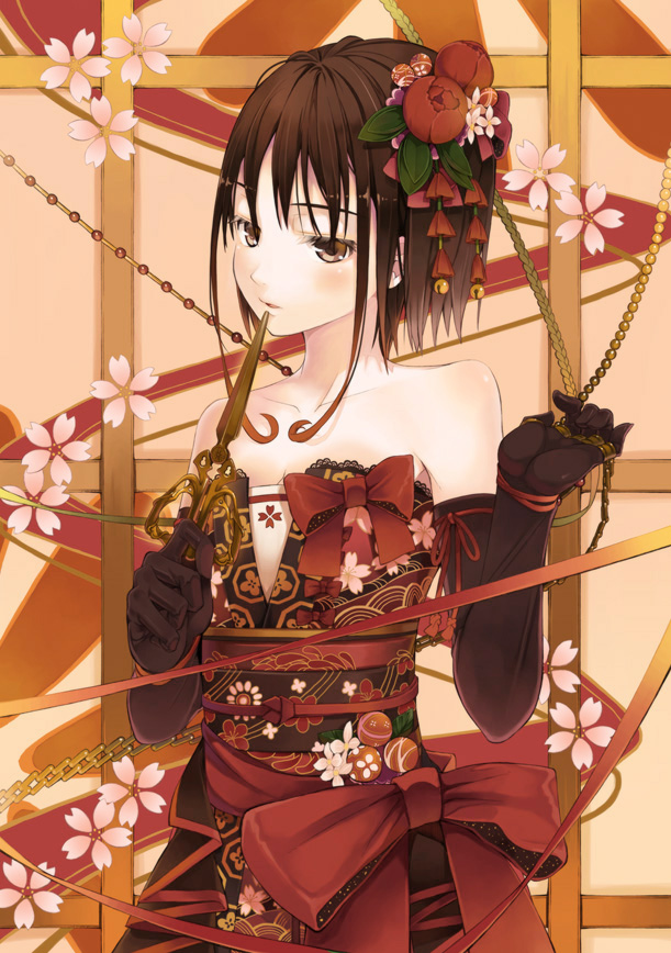 bare_shoulders, black_hair, blush, brown_eyes, chiharu_(nekomimibousi96), collarbone, elbow_gloves, gloves