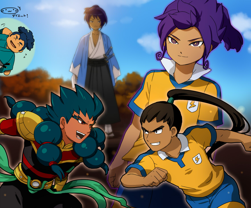 blue_hair, brown_hair, closed_eyes, eyes_closed, fusion, green_hair, grin, inazuma_eleven_(series)