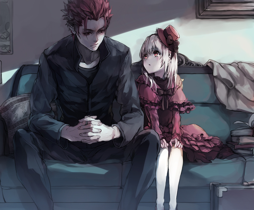 1girl, blush, character_request, couch, dress, gothic_lolita, hands_clasped, hands_on_kees