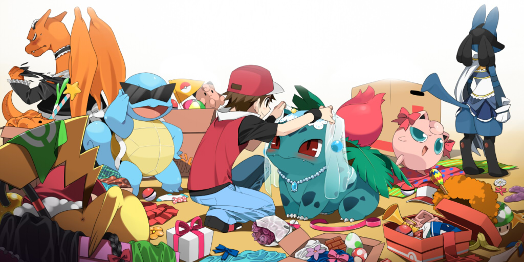 1boy, 1up_mushroom, agemono, alternate_costume, angry, anus, banana, banana_peel, baseball_cap, blush, bouquet, box, bridal_veil, brown_hair, cardboard_box, character_doll, charizard, clefairy, clefairy_(cameo), clothed_pokemon, cosplay, doll, egg, flag, flower, food, fruit, hat, ivysaur, jewelry, jigglypuff, lucario, mahou_shoujo_madoka_magica, maid, mess, messy, miki_sayaka, miki_sayaka_(cosplay), mushroom, necklace, pikachu, poke_ball, poke_ball_theme, pokemon, pokemon_(creature), pokemon_(game), pokemon_frlg, red_(pokemon), red_(pokemon)_(remake), red_eyes, revision, simple_background, skirt, squirtle, sunglasses, super_mario_bros., super_mushroom, super_smash_bros., sword, tearing_clothes, torn_clothes, veil, weapon, yoshi_egg