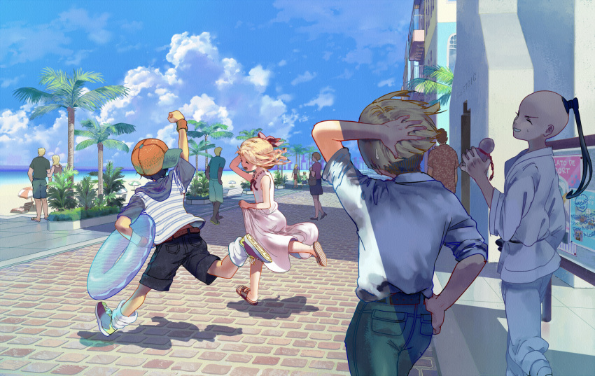 6+boys, arm_holding, arm_up, armband, bag, balcony, bare_shoulders, baseball_cap