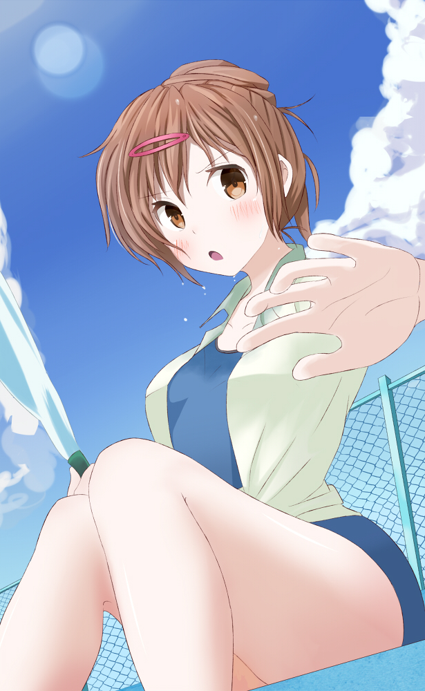 brown_eyes, brown_hair, chuunibyou_demo_koi_ga_shitai!, fence, hair_ornament, hair_up, hairclip, hose