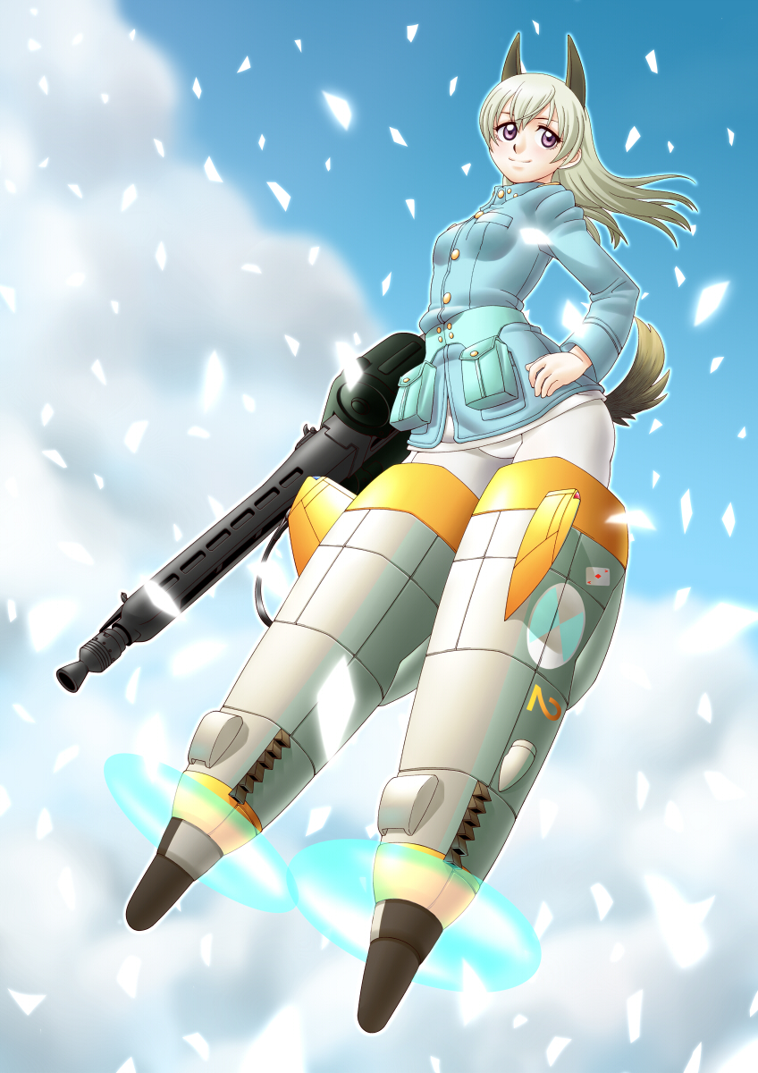 animal_ears, contrapposto, eila_ilmatar_juutilainen, flying, gun, hand_on_hip, heavy_machine_gun, highres