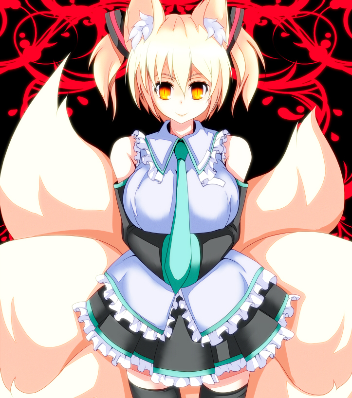 alternate_costume, animal_ears, bare_shoulders, black_legwear, blonde_hair, breast_hold, breasts, cosplay, detached_sleeves, fox_ears, fox_tail, hair_ornament, hands_in_sleeves, hatsune_miku, hatsune_miku_(cosplay), large_breasts, long_sleeves, looking_at_viewer, merry_(diameri), multiple_tails, necktie, shirt, short_hair, skirt, smile, solo, tail, thigh-highs, thighhighs, touhou, twintails, vocaloid, wide_sleeves, yakumo_ran, yellow_eyes, zettai_ryouiki