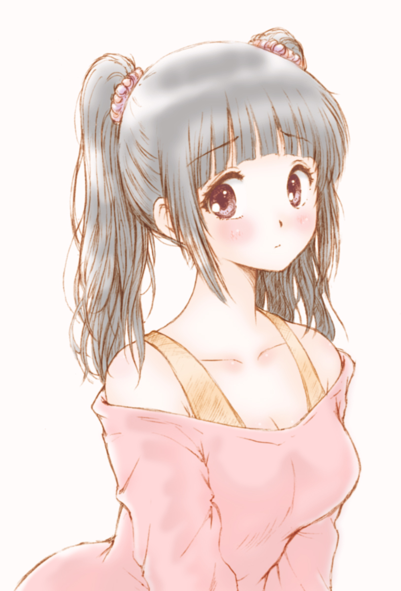 black_hair, bluez, chitanda_eru, highres, hyouka, long_hair, off_shoulder, purple_eyes, solo, twintails, violet_eyes