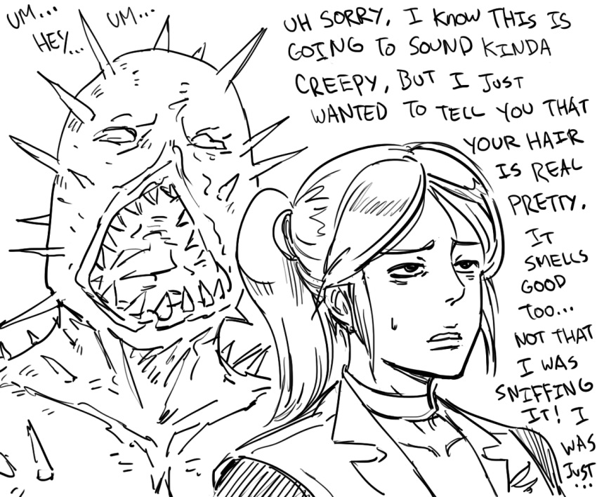 bb_(baalbuddy), claire_redfield, drawfag, english, iron_maiden, monochrome, resident_evil, resident_evil_2