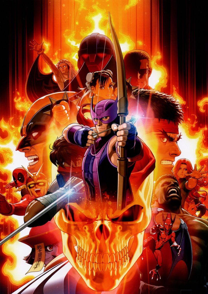 capcom, chun-li, deadpool, felicia, ghost_rider, hawkeye, hawkeye_(marvel), highres, hulk, lei_lei, marvel, marvel_vs._capcom, marvel_vs._capcom_3, mecha, mori_toshiaki, official_art, phoenix_(x-men), plasma_sword, red_arremer, robot, ryuu_(street_fighter), sentinel_(x-men), skull, storm_(x-men), street_fighter, strider_hiryuu, vampire_(game), viewtiful_joe, wolverine, x-men