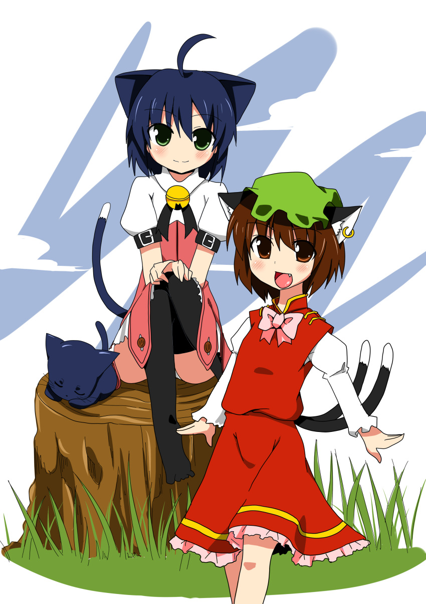 absurdres, ahoge, animal_ears, bell, blue_hair, blush, brown_eyes, brown_hair