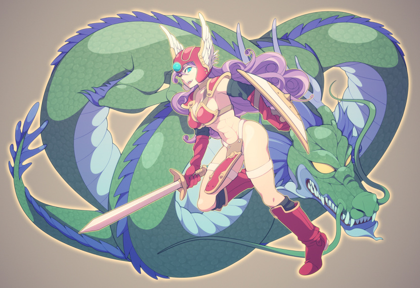 abs, armor, bikini_armor, blue_eyes, boots, breasts, cleavage, curly_hair, dragon, dragon_quest, dragon_quest_iii, eastern_dragon, elbow_gloves, gloves, helmet, knee_boots, lacco, large_breasts, loincloth, long_hair, midriff, open_mouth, purple_hair, red_gloves, shield, shoulder_pads, soldier_(dq3), sword, tail, thigh_strap, weapon, winged_helmet, wink